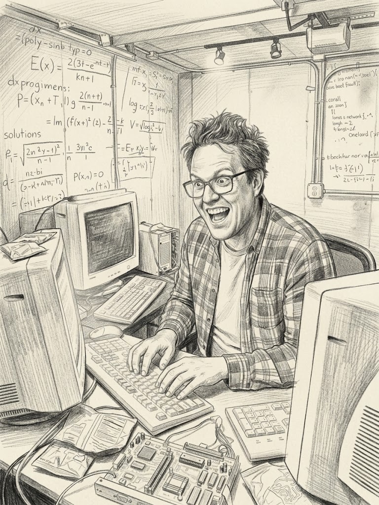 Pencil drawing of the founder at a desk of old computers, mid-build