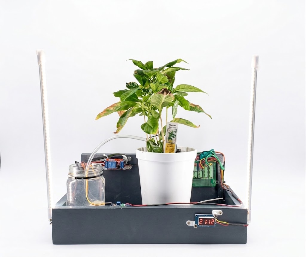 Planta Machina — an automated coffee plant watering rig with grow lights, a relay-controlled pump, and a digital display